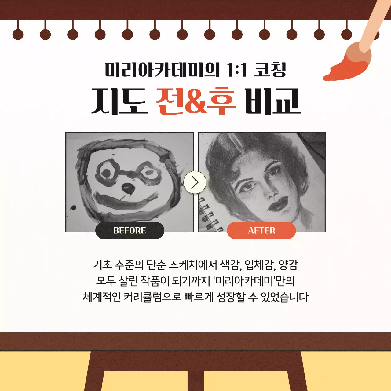 노랑과 주황색의 아기자기한 미술학원 수강생 리뷰 광고
