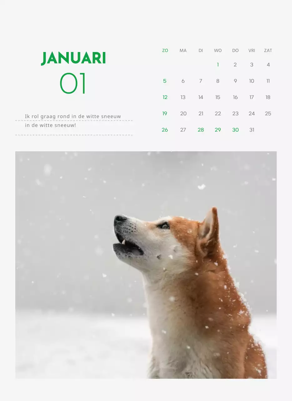 Een kalender met een puppyfoto en een schattige boodschap in groene accentkleur
