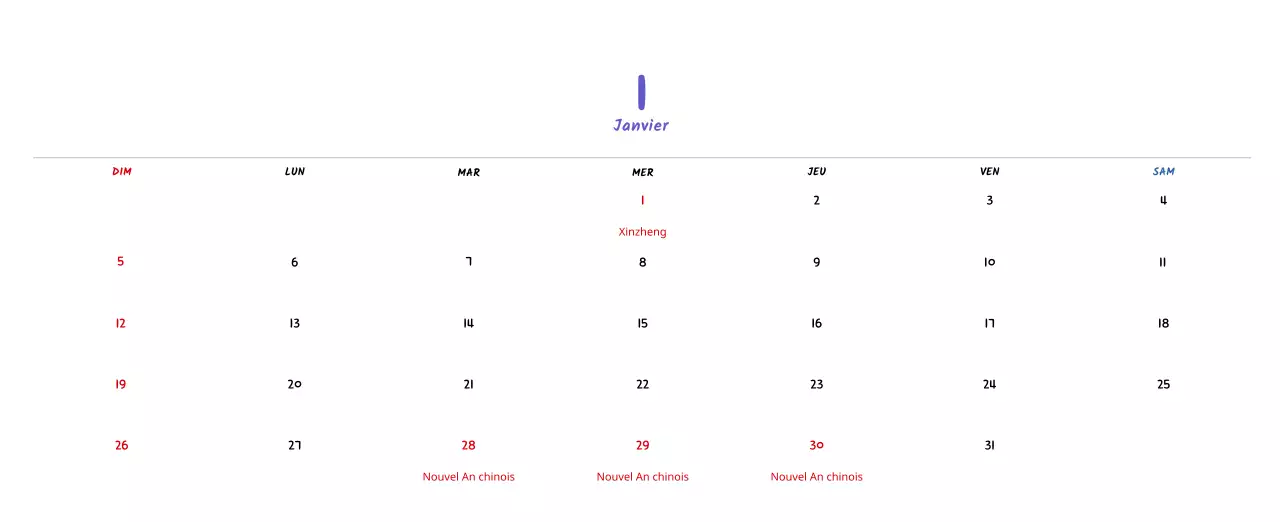 Calendrier du Nouvel An avec de jolies illustrations