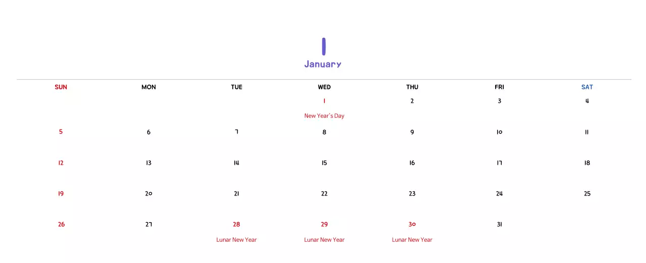 New Year's calendar with cute illustrations