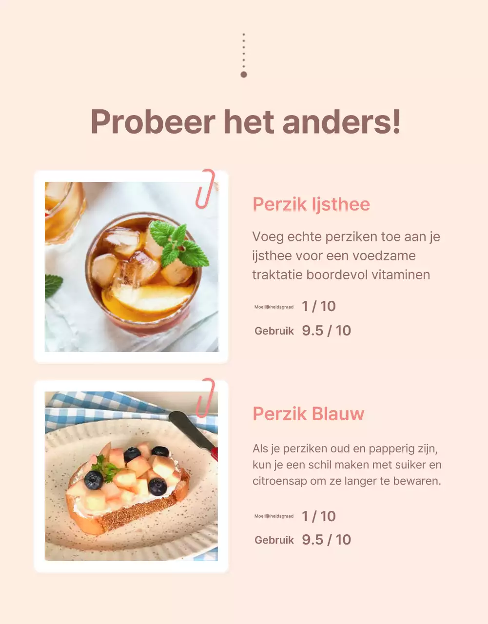 Promoot frisse perzikopties en productdetails in een strak geel en roze kleurenschema