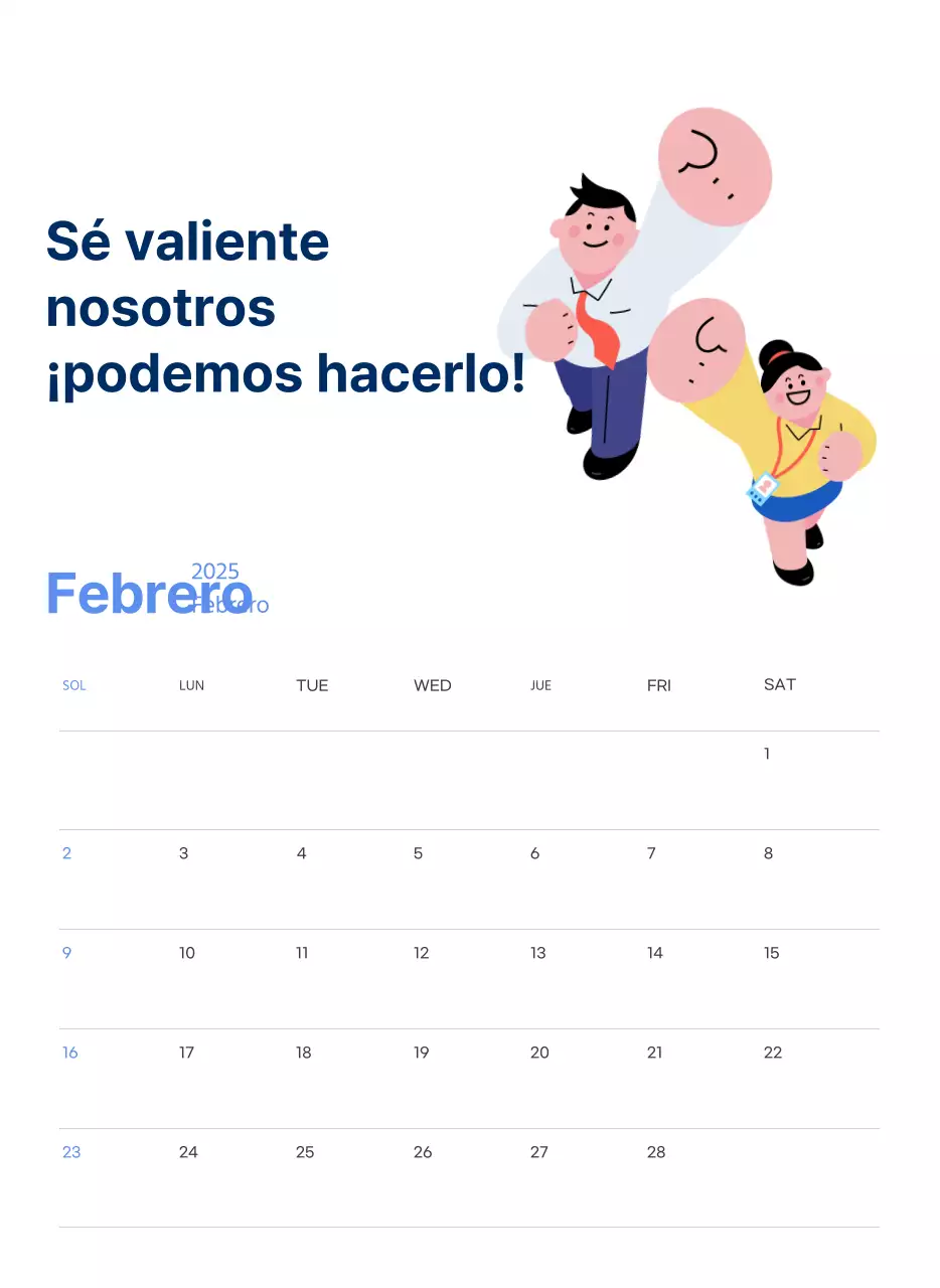Calendario motivacional con enérgicas ilustraciones y citas positivas sobre fondo azul claro