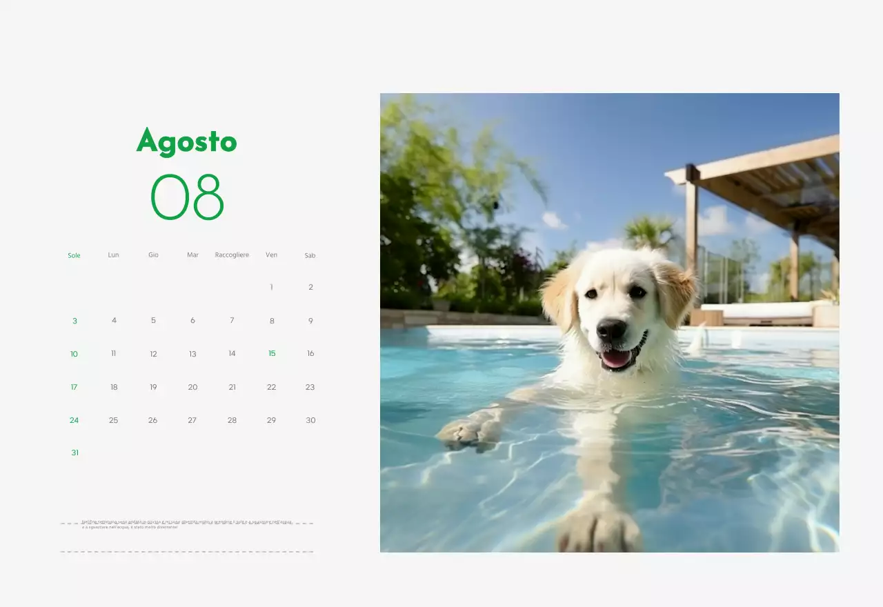 Un calendario con la foto di un cucciolo e un simpatico messaggio in colore verde.