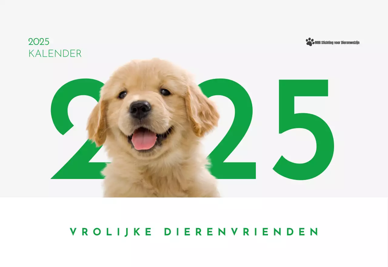 Een kalender met een puppyfoto en een schattige boodschap in groene accentkleur