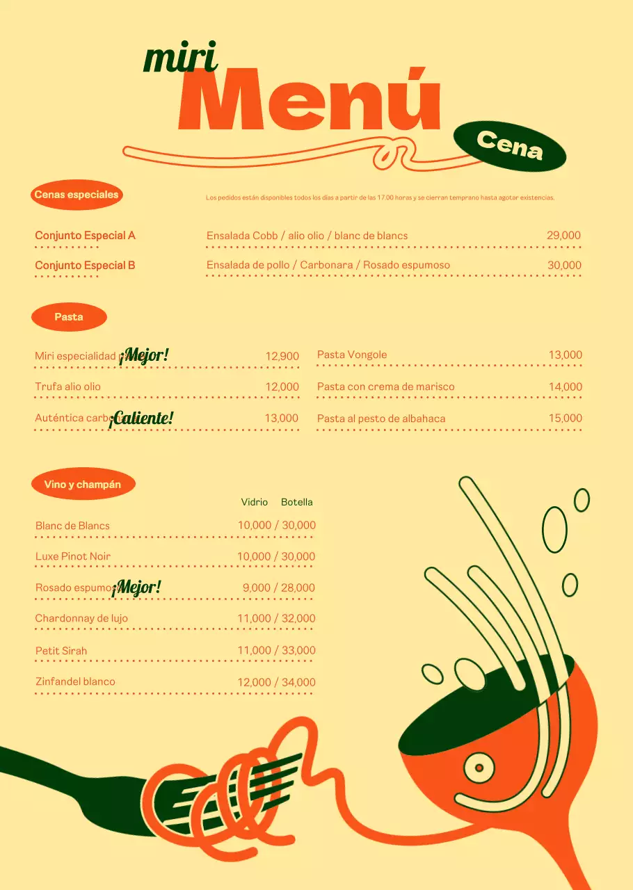 Sobre el menú de pasta chic en naranja y marfil