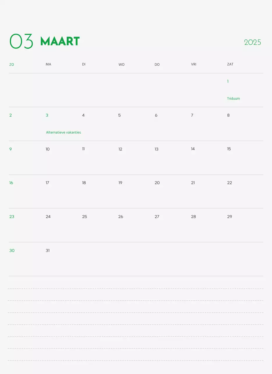 Een kalender met een puppyfoto en een schattige boodschap in groene accentkleur