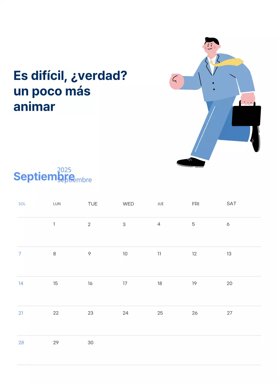 Calendario motivacional con enérgicas ilustraciones y citas positivas sobre fondo azul claro