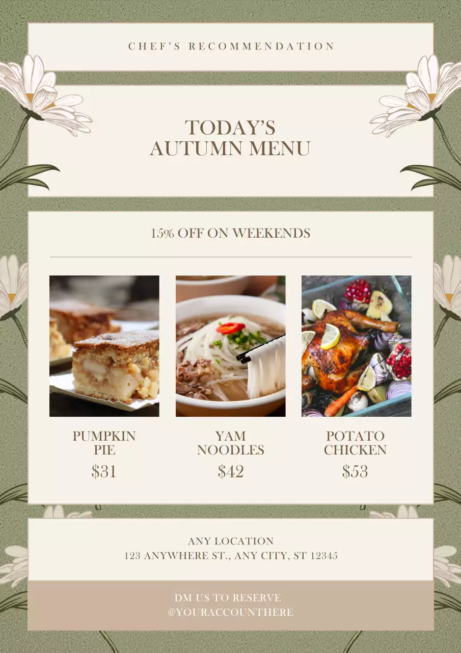 Cartaz de promoção de menu de outono verde elegante