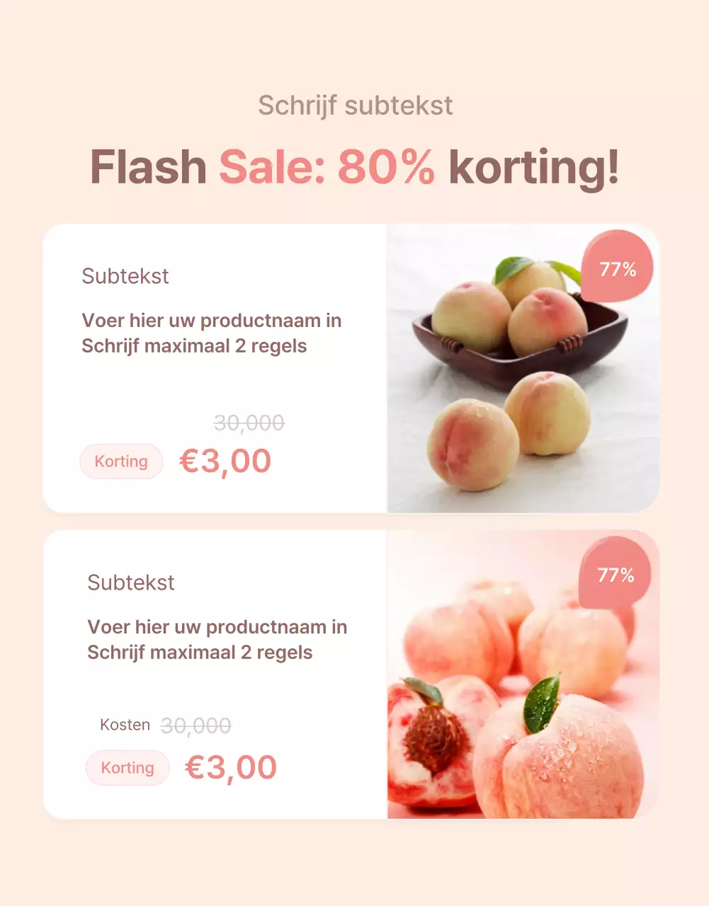 Promoot frisse perzikopties en productdetails in een strak geel en roze kleurenschema