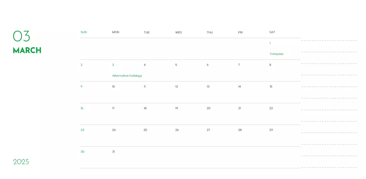 A calendar with a puppy photo and cute message in a green accent color