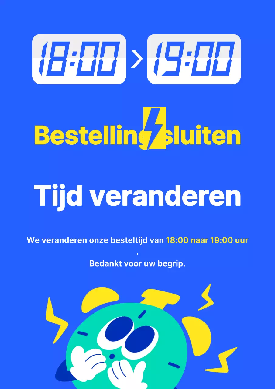 Blauw met gele kitscherige aankondiging van wijziging van de cut-off tijd