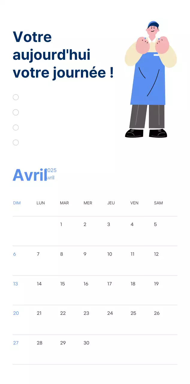 Calendrier de motivation avec des illustrations énergiques et des citations positives sur un fond bleu clair