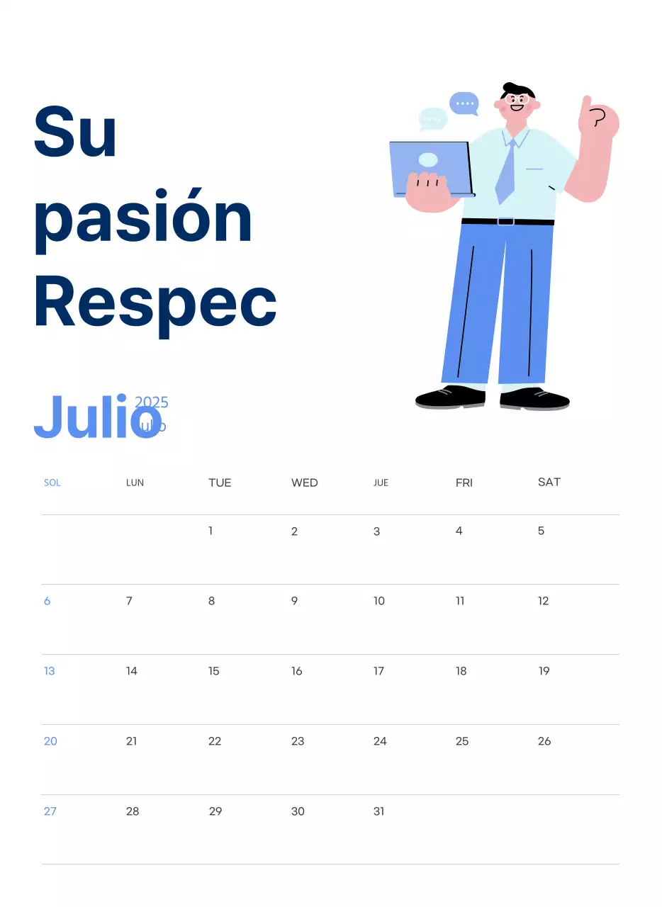 Calendario motivacional con enérgicas ilustraciones y citas positivas sobre fondo azul claro
