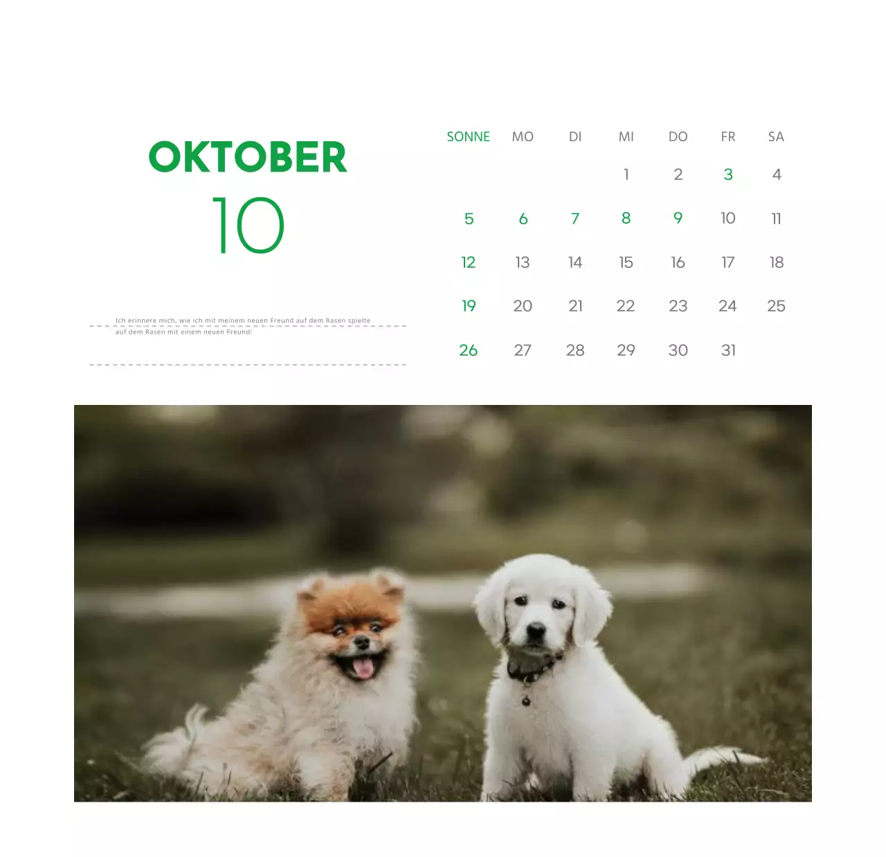 Ein Kalender mit einem Welpenfoto und einer süßen Botschaft in grüner Akzentfarbe