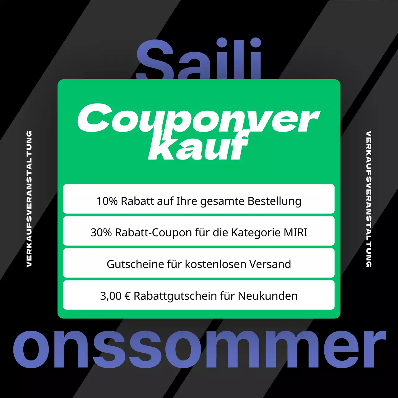 Eine Kollektion von Sommerverkäufen mit lila und grünen Akzenten