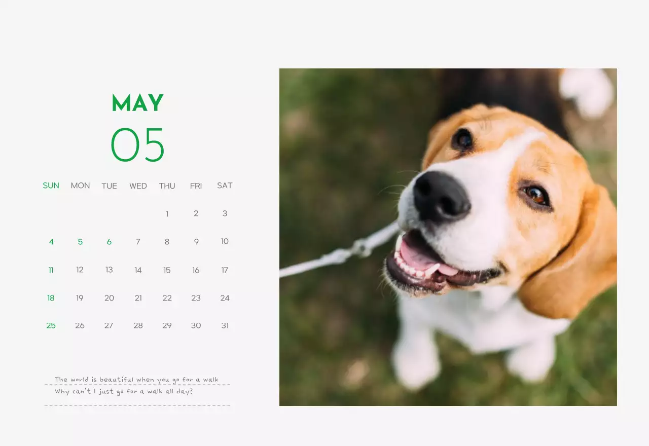 A calendar with a puppy photo and cute message in a green accent color