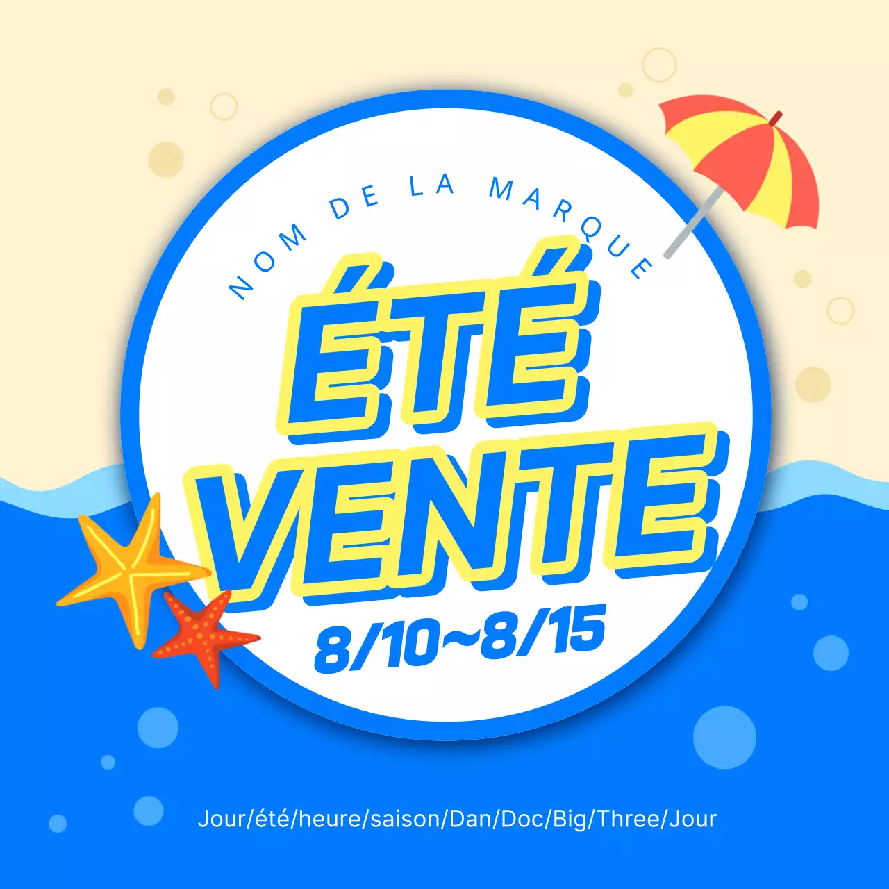 Titre principal de l'événement d'été avec des accents bleus et jaunes