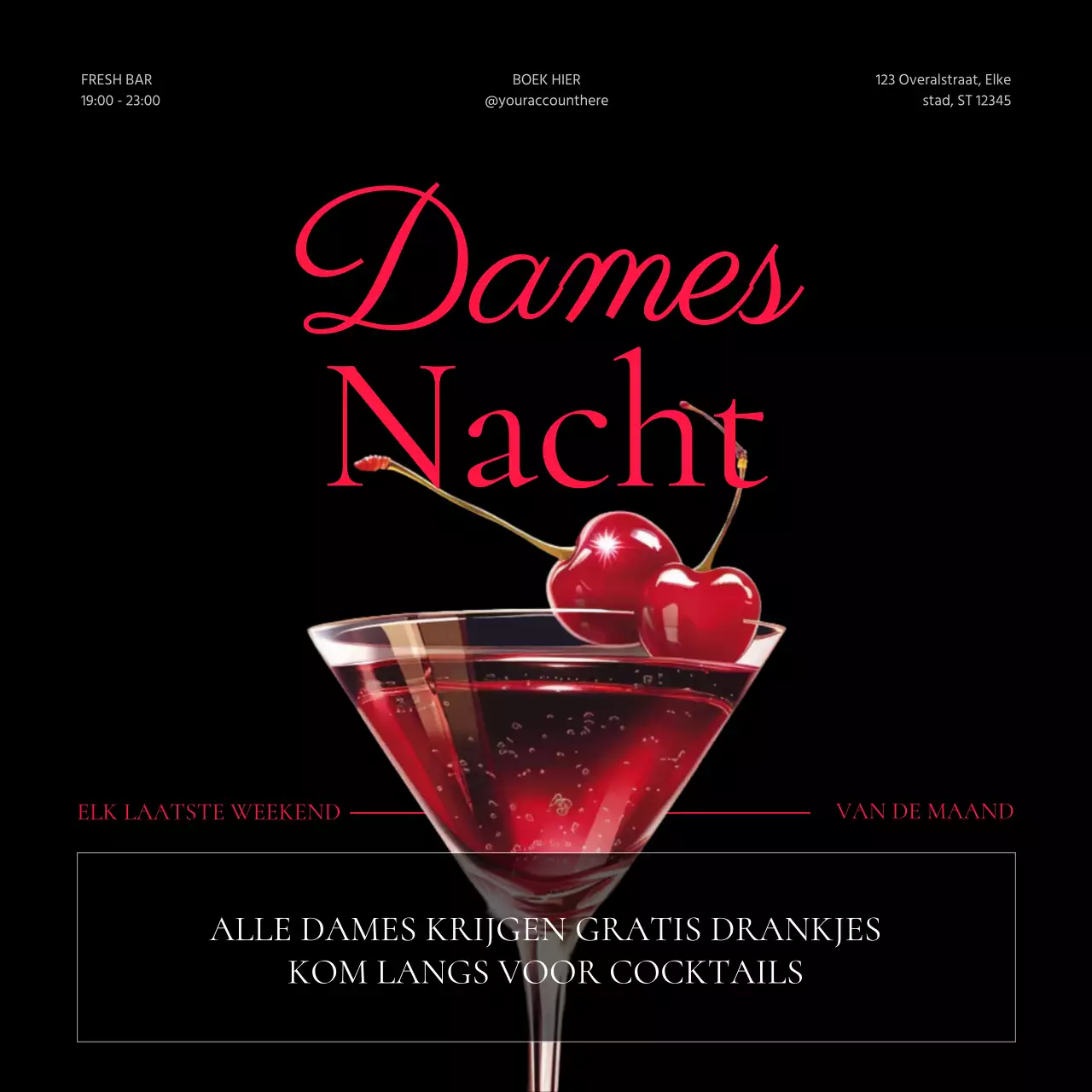 Promoot korting op luxe vrouwendagcocktails in zwart en rood