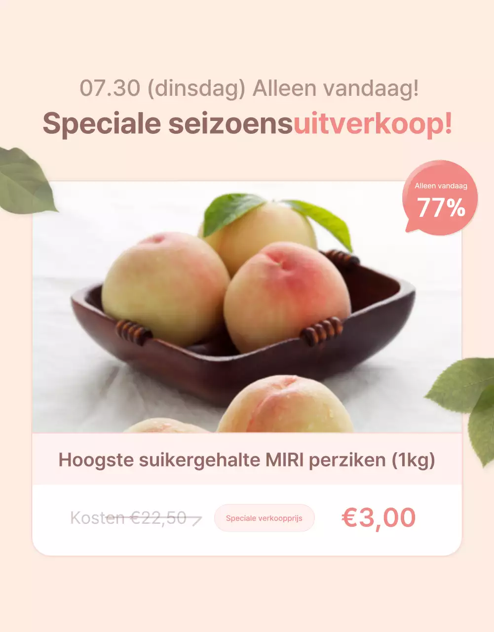 Promoot frisse perzikopties en productdetails in een strak geel en roze kleurenschema