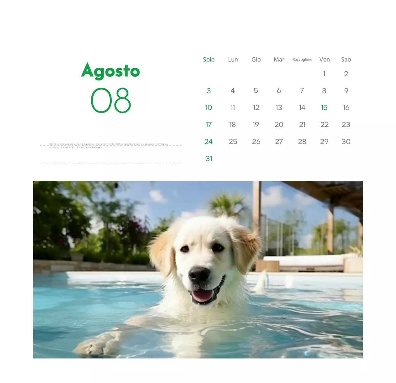 Un calendario con la foto di un cucciolo e un simpatico messaggio in colore verde.