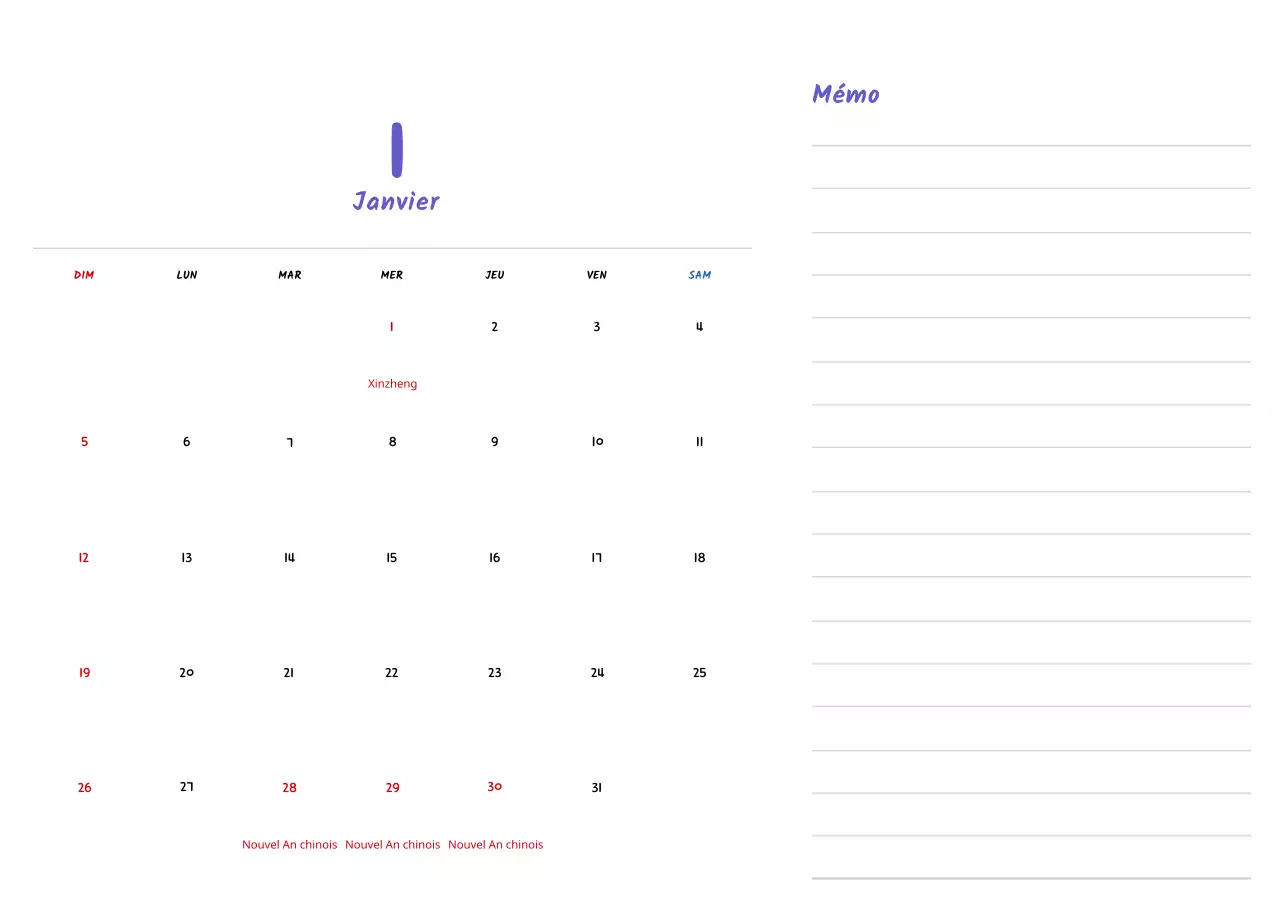 Calendrier du Nouvel An avec de jolies illustrations
