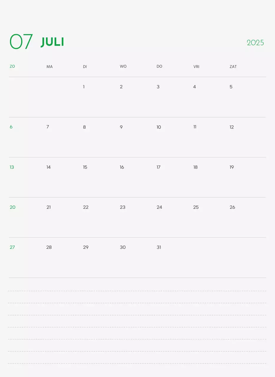 Een kalender met een puppyfoto en een schattige boodschap in groene accentkleur