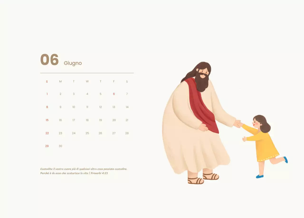 Un calendario devozionale con illustrazioni accoglienti e versetti della Bibbia su uno sfondo blu chiaro