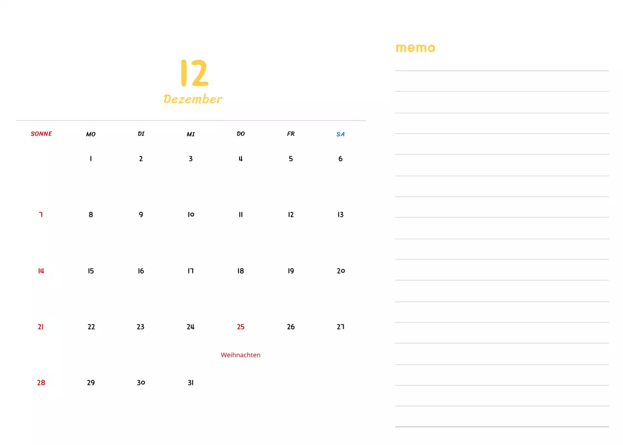 Neujahrskalender mit niedlichen Illustrationen