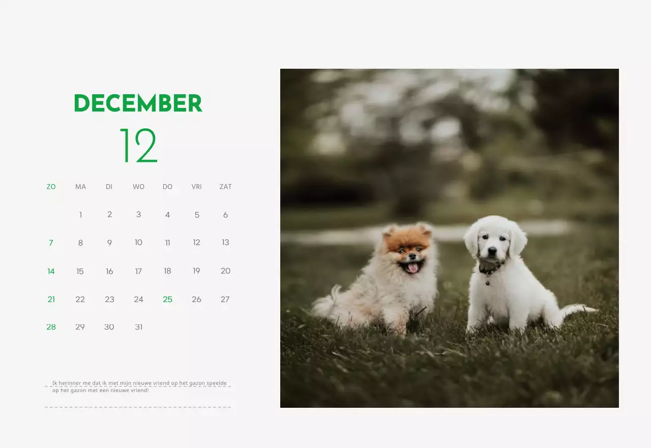 Een kalender met een puppyfoto en een schattige boodschap in groene accentkleur