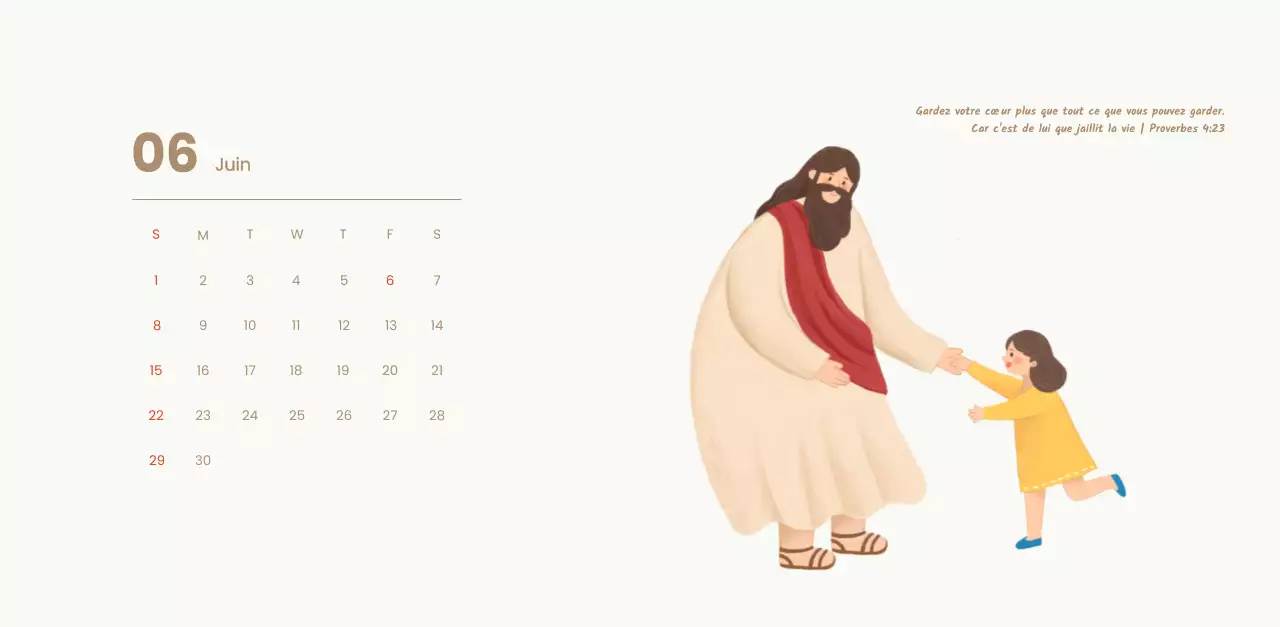 Un calendrier dévotionnel avec des illustrations douces et des versets bibliques sur un fond bleu clair.