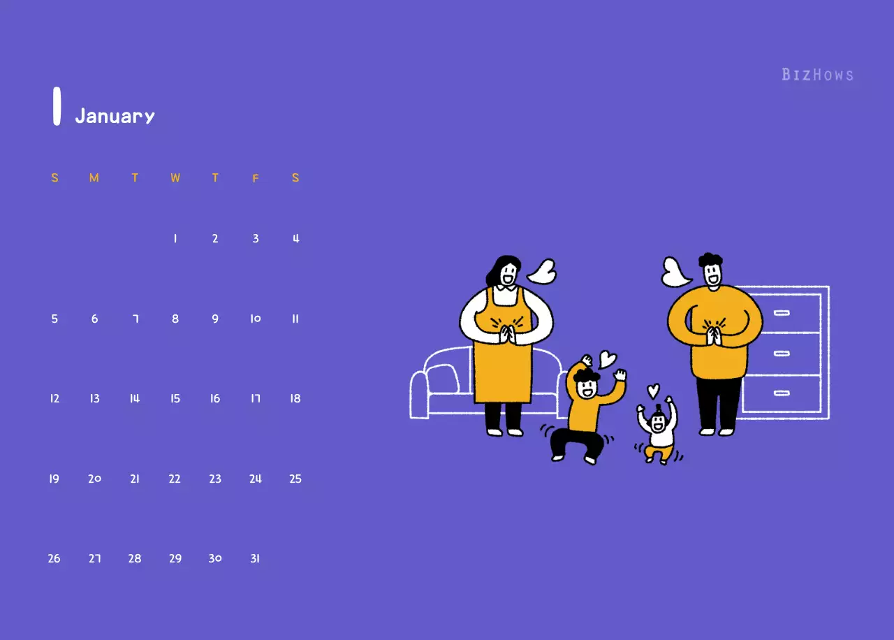 New Year's calendar with cute illustrations