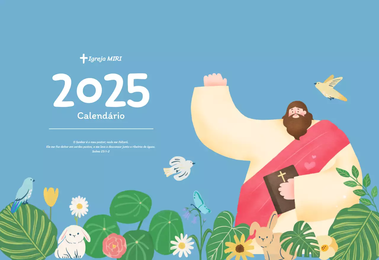 Um calendário devocional com ilustrações acolhedoras e versículos bíblicos sobre um fundo azul claro