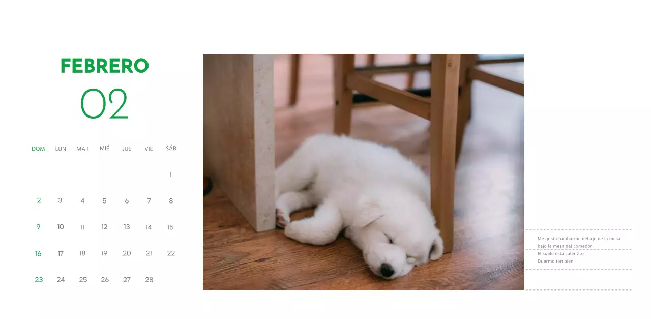 Un calendario con una foto de un cachorro y un bonito mensaje en color verde
