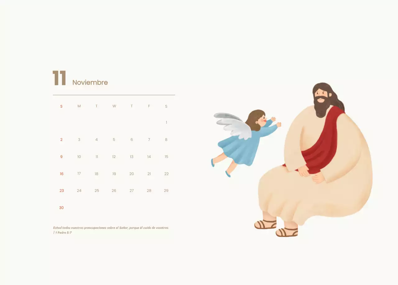 Un calendario devocional con acogedoras ilustraciones y versículos bíblicos sobre fondo azul claro