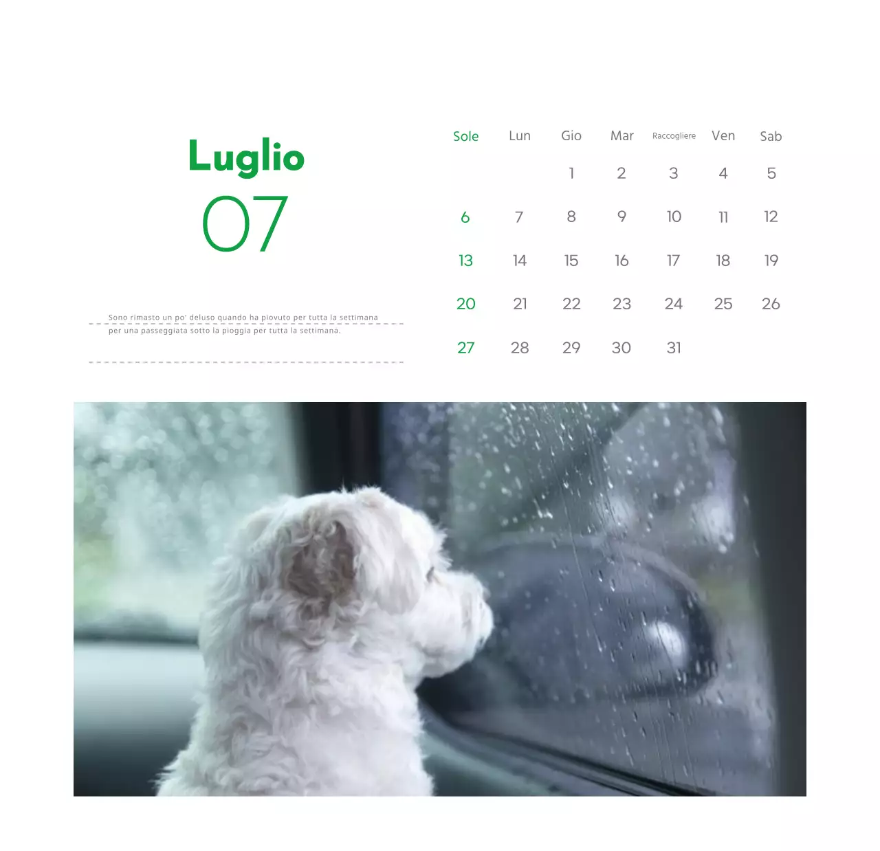 Un calendario con la foto di un cucciolo e un simpatico messaggio in colore verde.