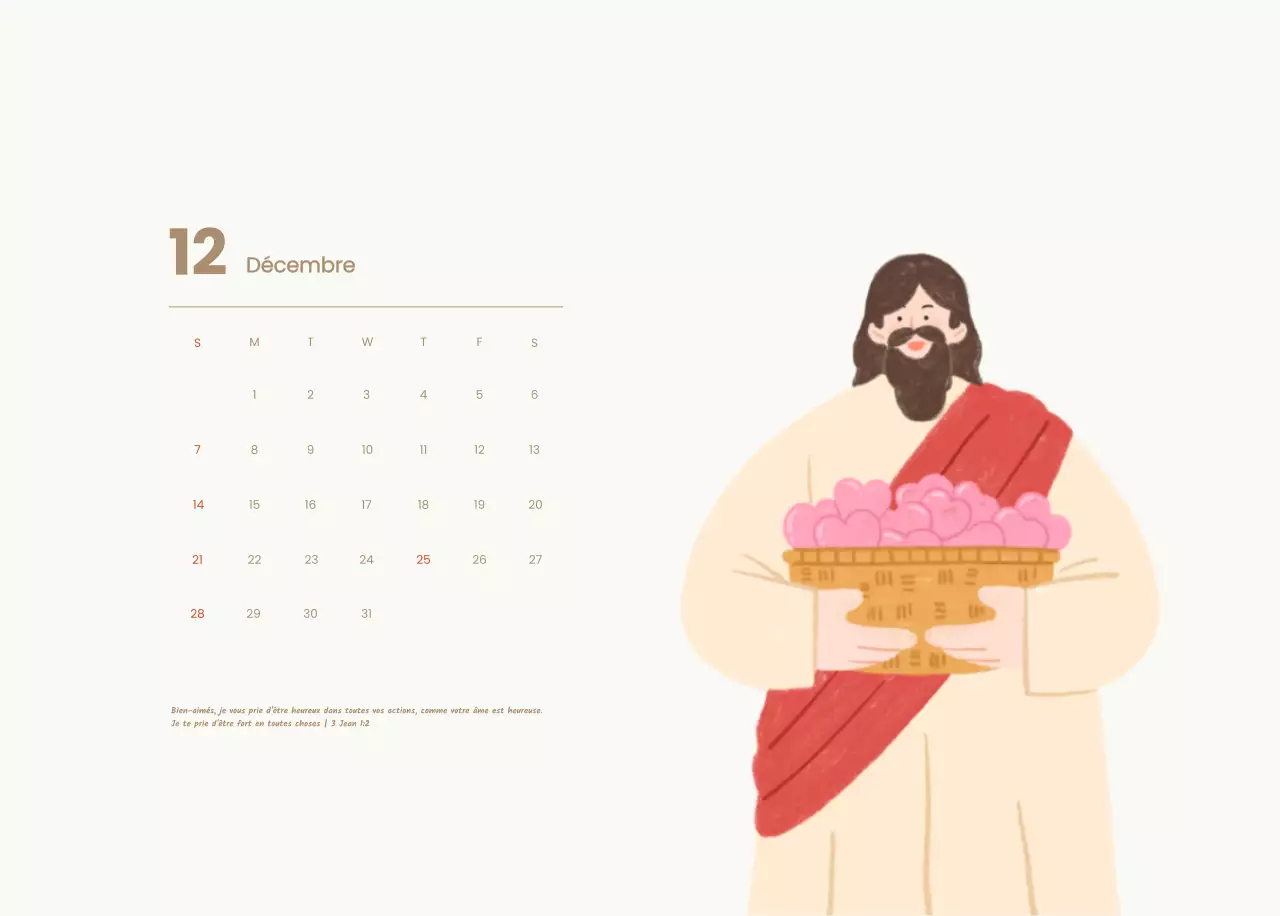 Un calendrier dévotionnel avec des illustrations douces et des versets bibliques sur un fond bleu clair.