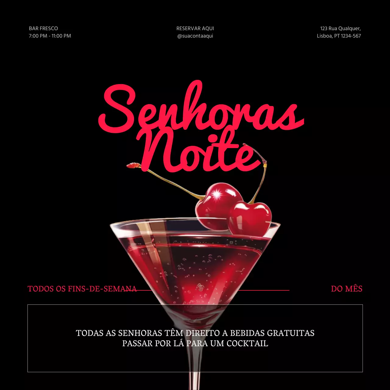 Promover um desconto em cocktails de luxo para o Dia da Mulher em preto e vermelho