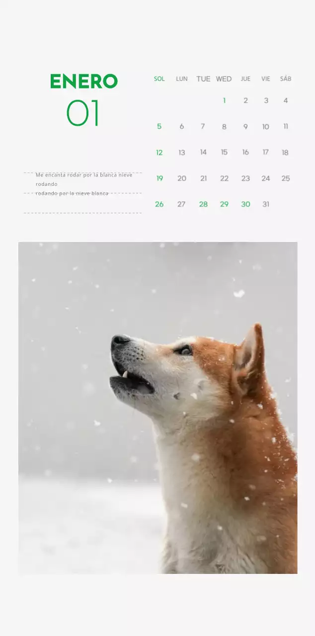 Un calendario con una foto de un cachorro y un bonito mensaje en color verde