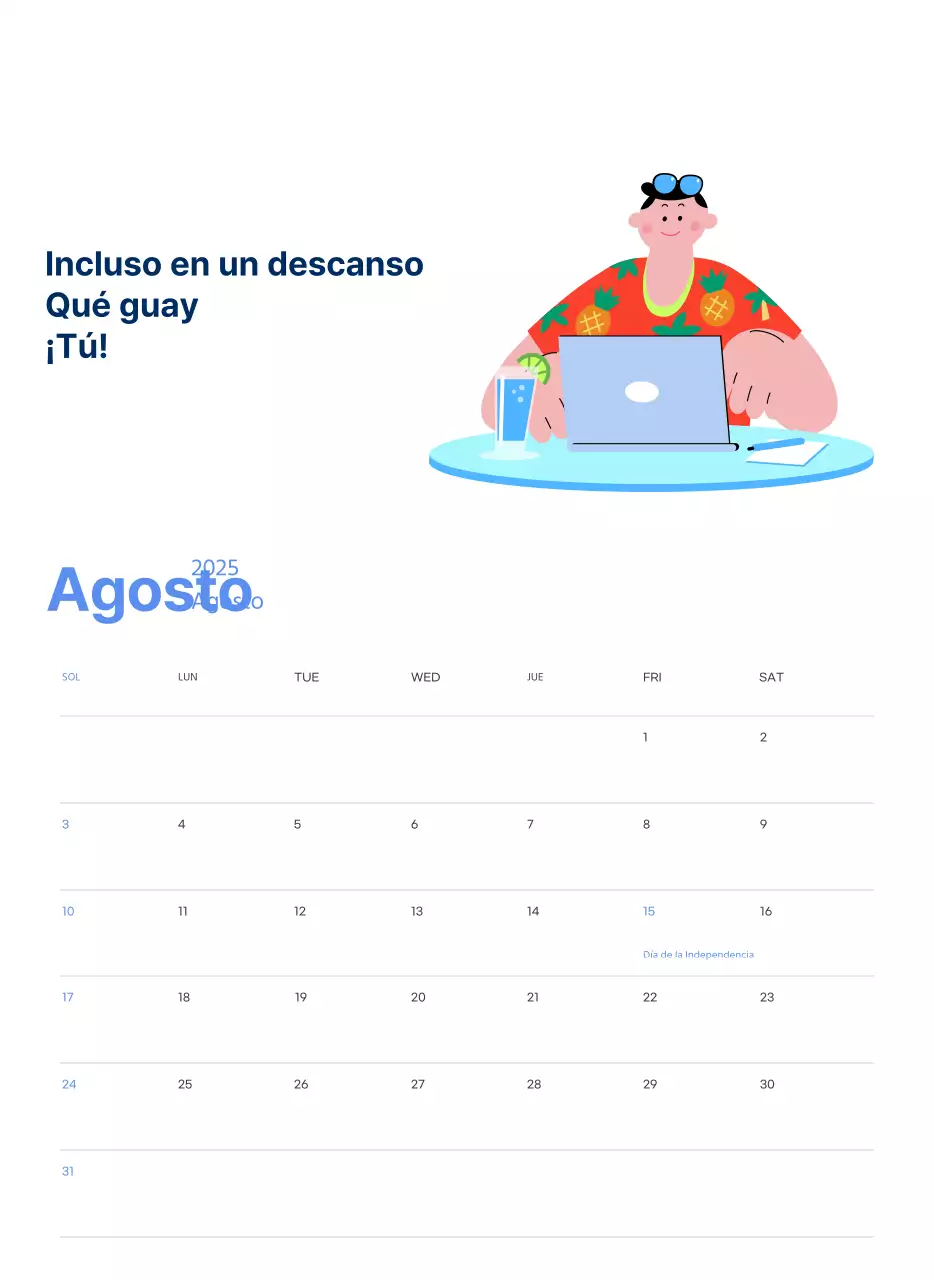 Calendario motivacional con enérgicas ilustraciones y citas positivas sobre fondo azul claro