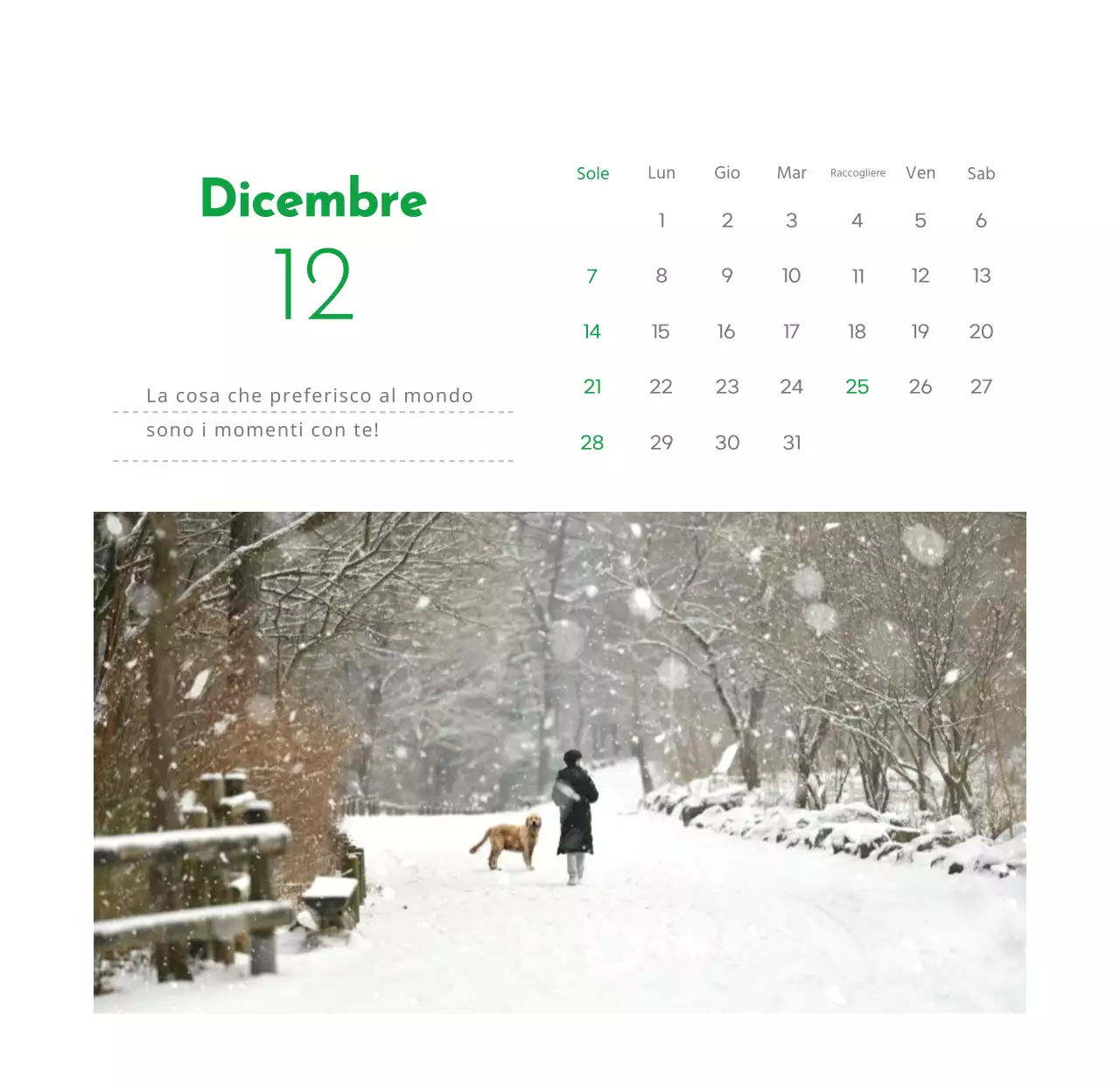 Un calendario con la foto di un cucciolo e un simpatico messaggio in colore verde.