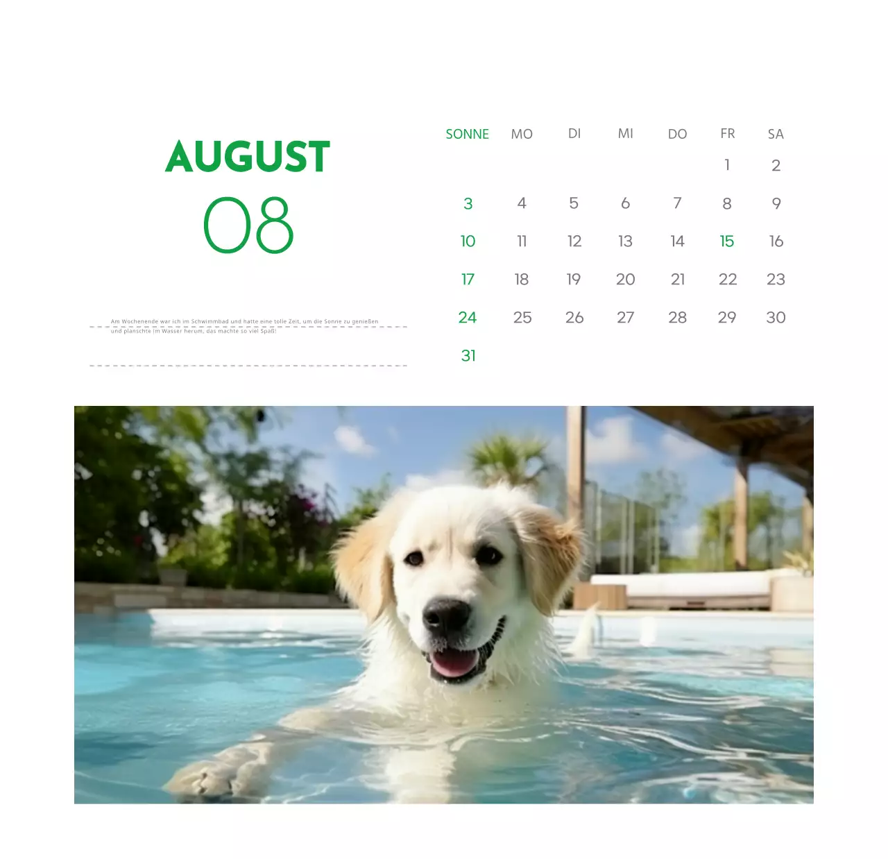 Ein Kalender mit einem Welpenfoto und einer süßen Botschaft in grüner Akzentfarbe