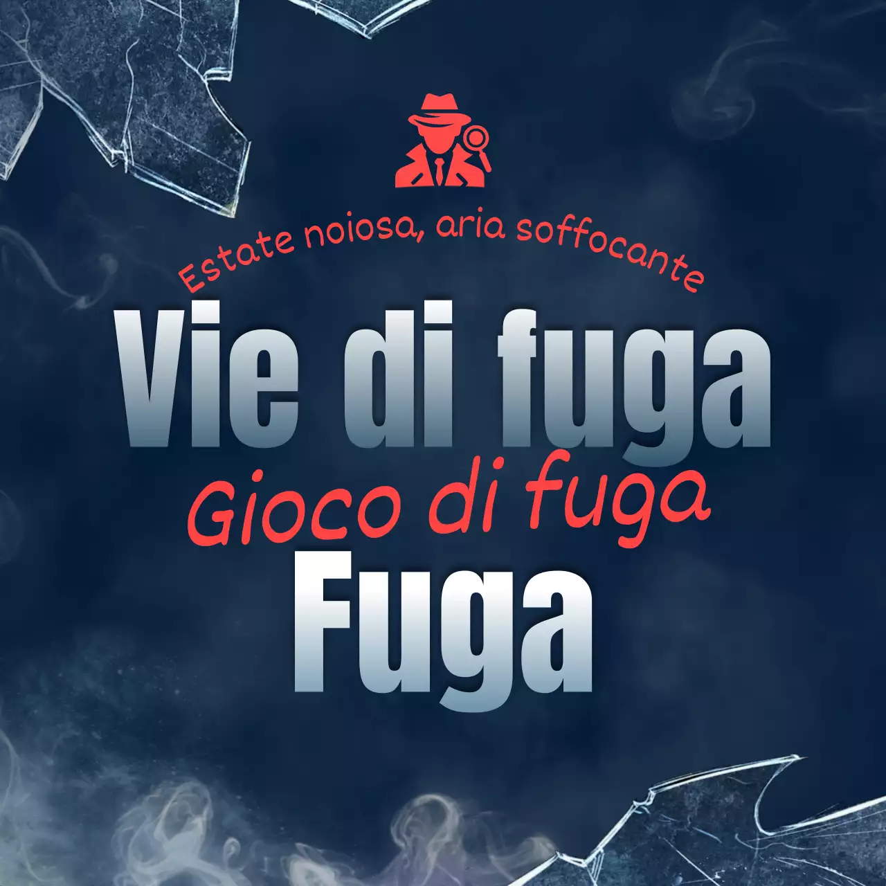 Promuovere un gioco di escape room con un'atmosfera fantasy blu navy e rossa