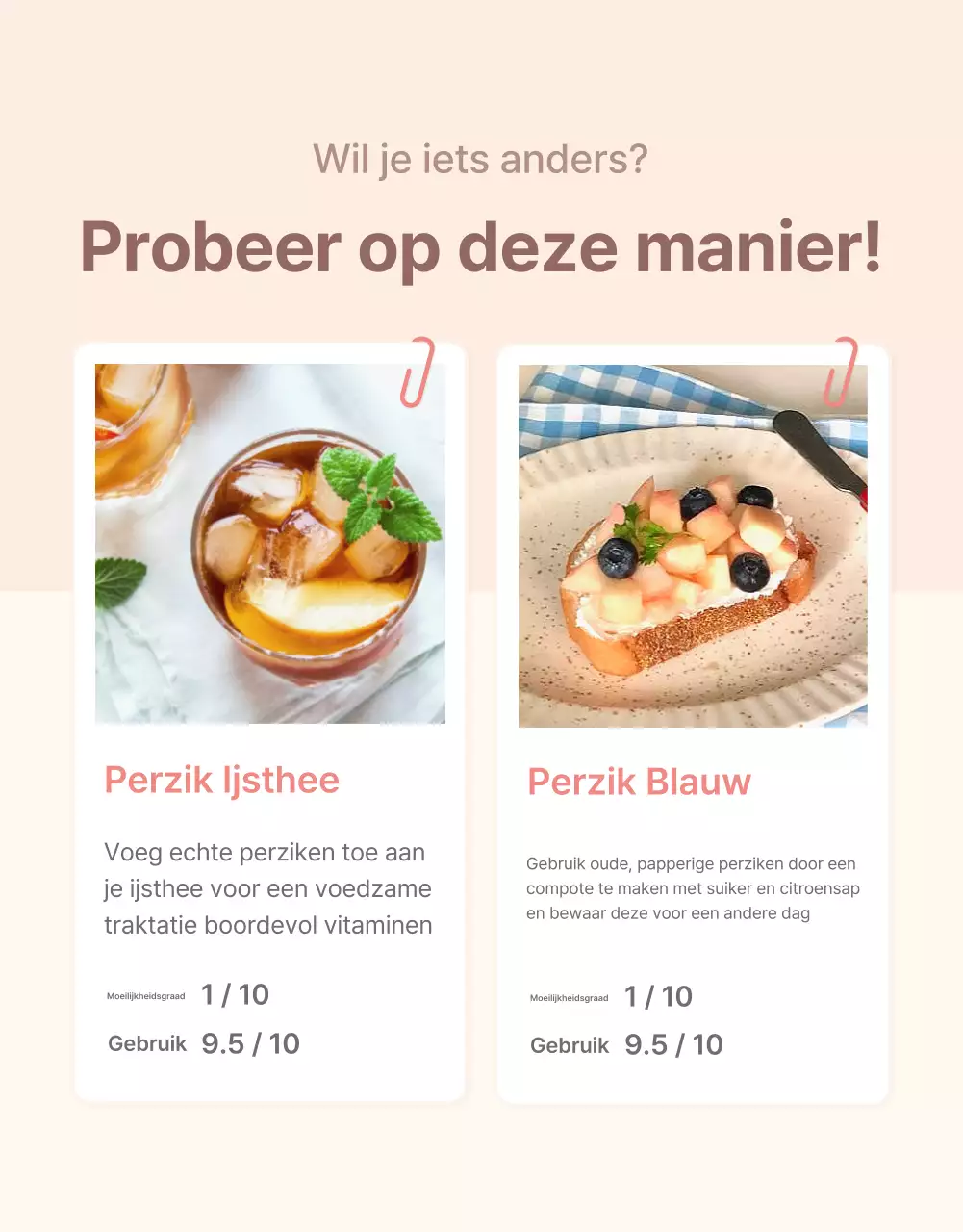 Promoot frisse perzikopties en productdetails in een strak geel en roze kleurenschema
