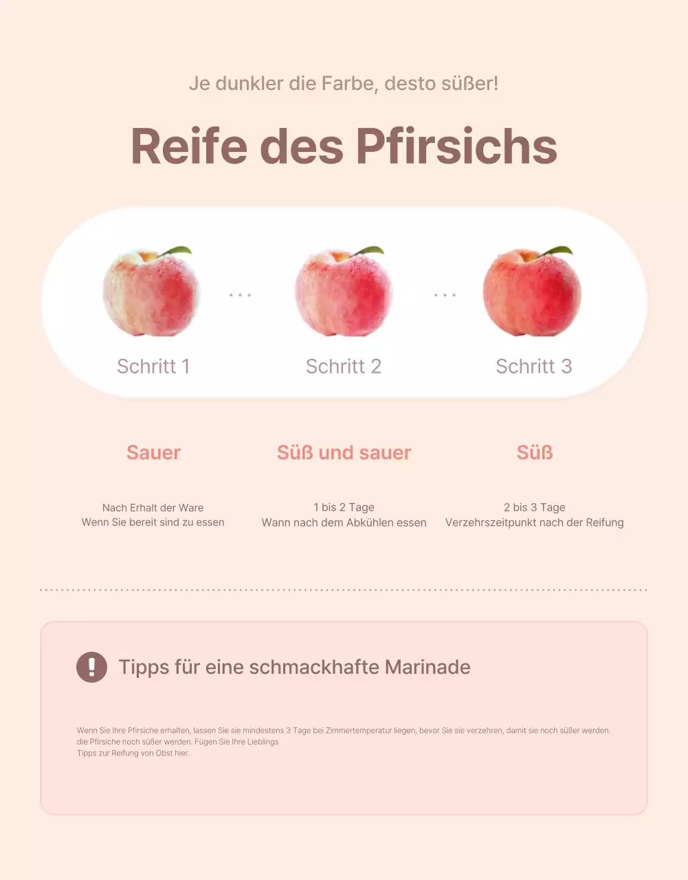 Werbung für frische pfirsichfarbene Optionen und Produktdetails in einem klaren Farbschema aus Gelb und Rosa