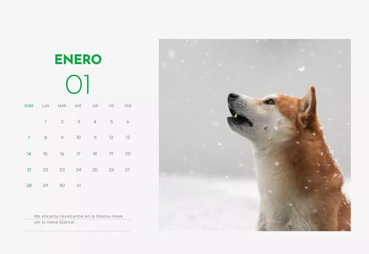 Un calendario con una foto de un cachorro y un bonito mensaje en color verde