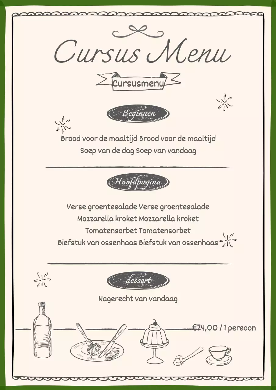 Een verzameling trendy restaurantmenuborden in groen en ivoor