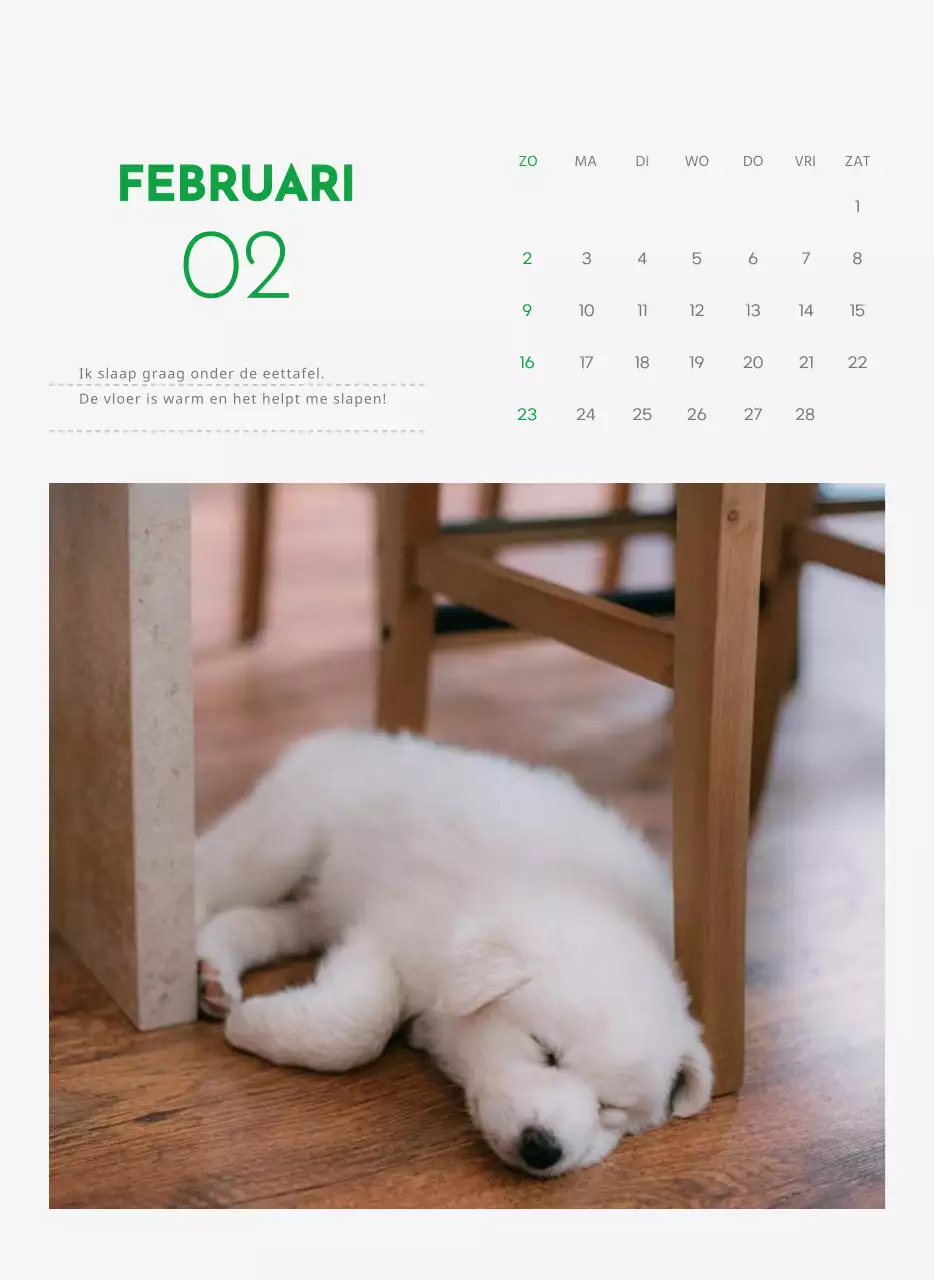 Een kalender met een puppyfoto en een schattige boodschap in groene accentkleur