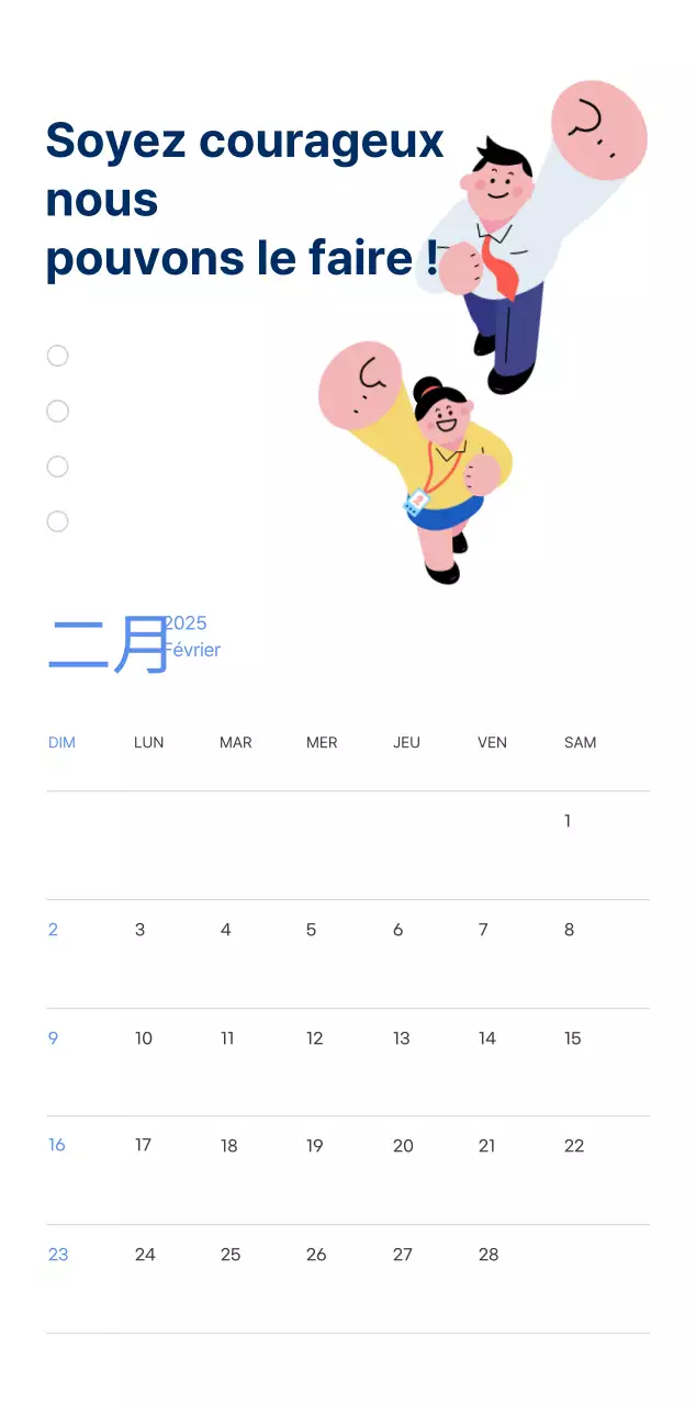 Calendrier de motivation avec des illustrations énergiques et des citations positives sur un fond bleu clair