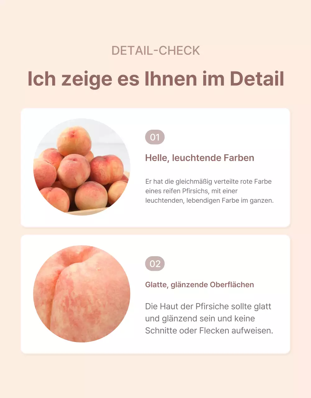 Werbung für frische pfirsichfarbene Optionen und Produktdetails in einem klaren Farbschema aus Gelb und Rosa
