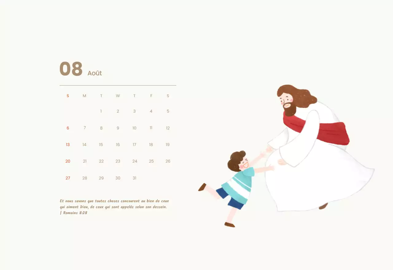 Un calendrier dévotionnel avec des illustrations douces et des versets bibliques sur un fond bleu clair.